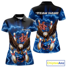 Load image into Gallery viewer, Custom Blue Lightning US Flag Eagle Bowling Team Polo Shirts For Women, Patriotic Bowling IPHW9479