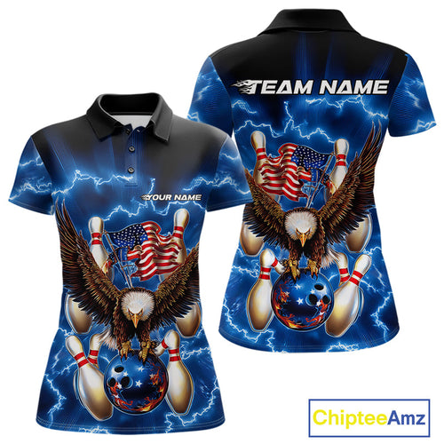 Custom Blue Lightning US Flag Eagle Bowling Team Polo Shirts For Women, Patriotic Bowling IPHW9479