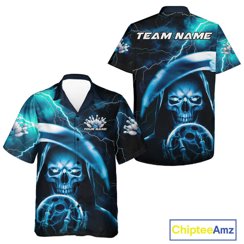 Custom Blue Thunder Lightning Grim Reaper Skull Halloween Bowling Hawaiian Shirts For Men And Women IPHW9851