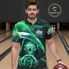 Load image into Gallery viewer, Custom Green Thunder Lightning Grim Reaper Skull Halloween Bowling Polo Shirts For Men IPHW9852