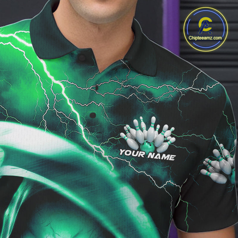 Custom Green Thunder Lightning Grim Reaper Skull Halloween Bowling Polo Shirts For Men IPHW9852