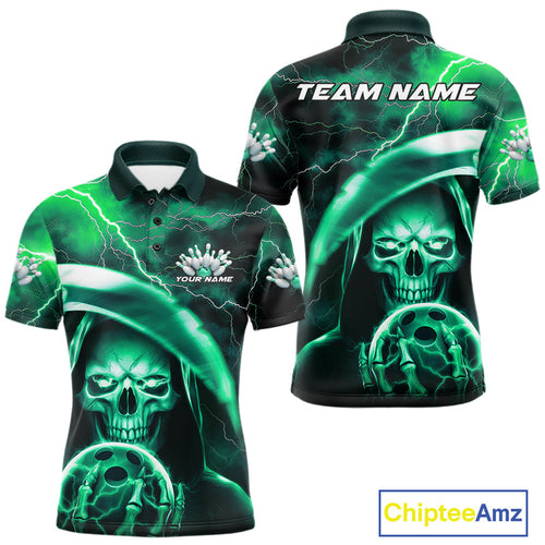 Custom Green Thunder Lightning Grim Reaper Skull Halloween Bowling Polo Shirts For Men IPHW9852