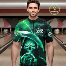 Load image into Gallery viewer, Custom Green Thunder Lightning Grim Reaper Skull Halloween Bowling Quarter-Zip Shirts For Men IPHW9852