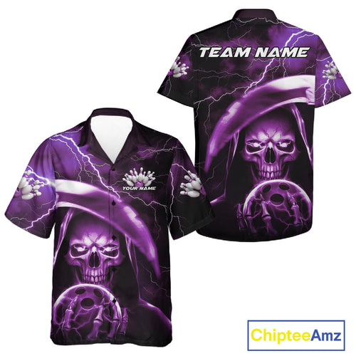 Custom Purple Thunder Lightning Grim Reaper Skull Halloween Bowling Hawaiian Shirts For Men And Women IPHW9853