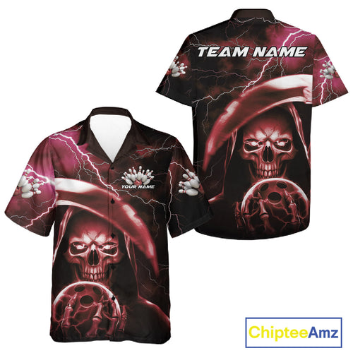 Custom Red Thunder Lightning Grim Reaper Skull Halloween Bowling Hawaiian Shirts For Men And Women IPHW9854