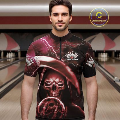 Custom Red Thunder Lightning Grim Reaper Skull Halloween Bowling Quarter-Zip Shirts For Men IPHW9854