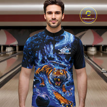 Load image into Gallery viewer, Custom Blue Fire Flame Tiger Bowling Team Quarter-Zip Shirts For Men, Tiger Bowling Jerseys IPHW9484