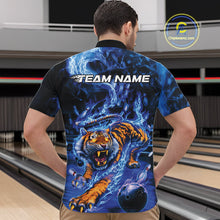Load image into Gallery viewer, Custom Blue Fire Flame Tiger Bowling Team Quarter-Zip Shirts For Men, Tiger Bowling Jerseys IPHW9484