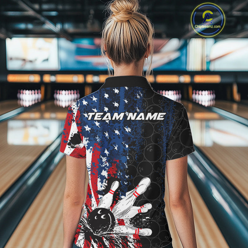 Custom Grunge Vintage American Patriotic Bowling Team Jerseys, Bowling Women Polo Shirt IPHW9489