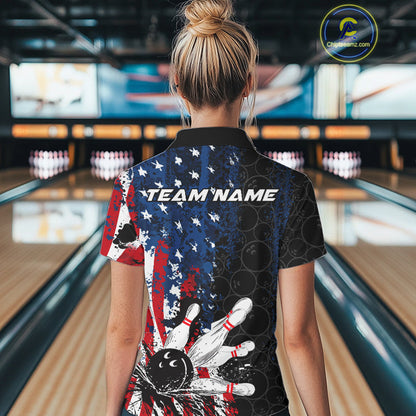 Custom Grunge Vintage American Patriotic Bowling Team Jerseys, Bowling Women Polo Shirt IPHW9489