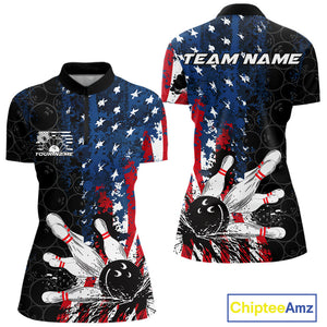 Custom Grunge Vintage American Flag Patriotic Bowling Jerseys, Women Quarter-Zip Shirt IPHW9489