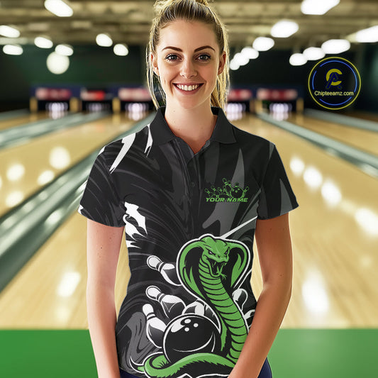 Custom Green Cobra Snake Bowling Team Jerseys, Bowling Polo Shirts For Women IPHW9709