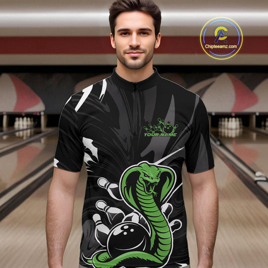 Custom Green Cobra Snake Bowling Team Jerseys, Bowling Quarter-Zip Shirts For Men IPHW9709
