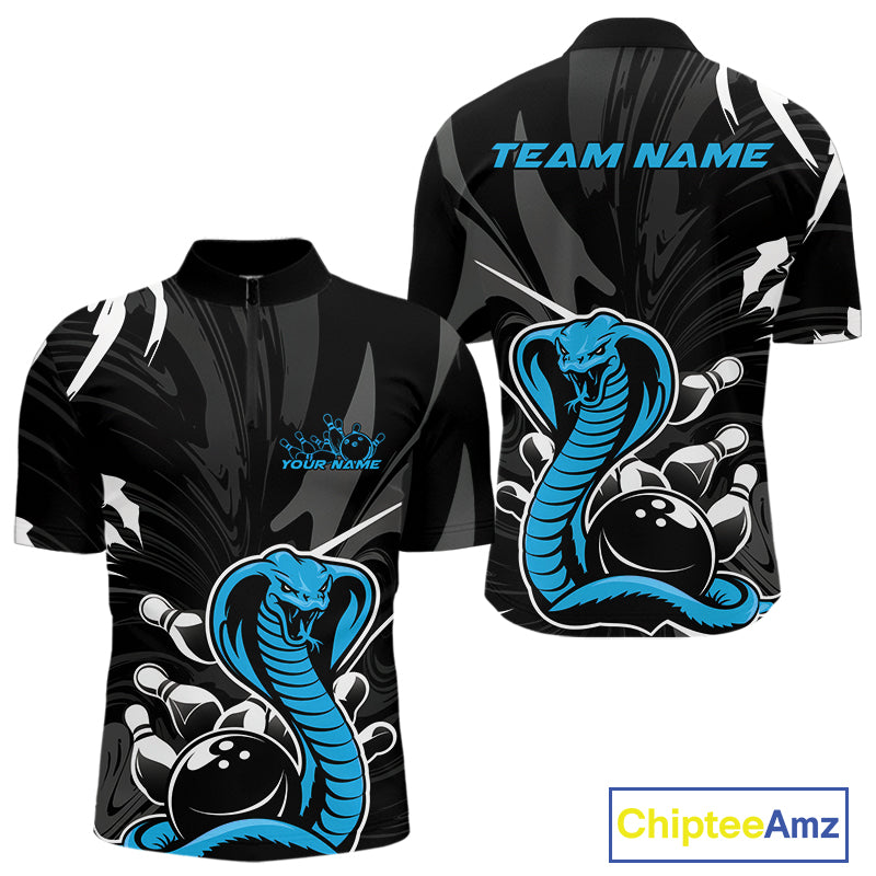 Custom Blue Cobra Snake Bowling Team Jerseys, Bowling Quarter-Zip Shirts For Men IPHW9710
