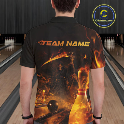Custom Fire Flame Grim Reaper Bowling Polo Shirts For Men, Halloween Bowlers Outfit IPHW9711