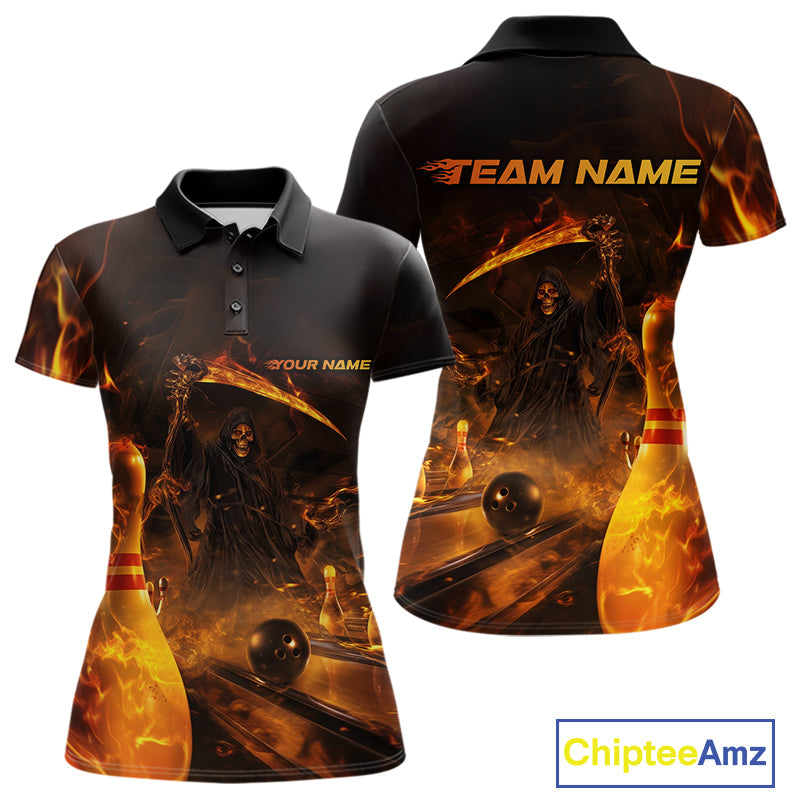 Custom Fire Flame Grim Reaper Bowling Polo Shirts For Women, Halloween Bowlers Outfit IPHW9711