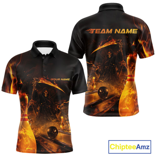 Custom Fire Flame Grim Reaper Bowling Polo Shirts For Men, Halloween Bowlers Outfit IPHW9711