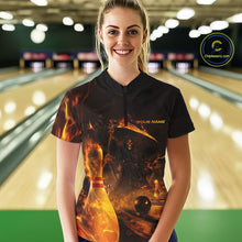 Load image into Gallery viewer, Custom Fire Flame Grim Reaper Bowling Women Quarter-Zip Shirts, Halloween Bowlers Outfit IPHW9711
