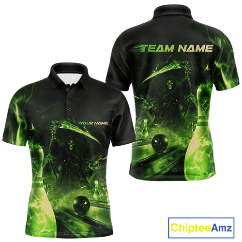 Custom Green Fire Flame Grim Reaper Bowling Polo Shirts For Men, Halloween Bowlers Outfit IPHW9712