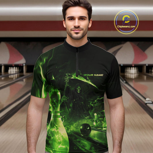 Custom Green Fire Flame Grim Reaper Bowling Quarter-Zip Shirts For Men, Halloween Bowlers Outfit IPHW9712