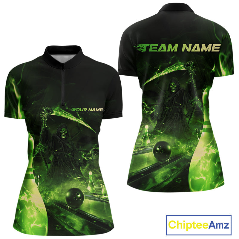 Custom Green Fire Flame Grim Reaper Bowling Women Quarter-Zip Shirts, Halloween Outfit IPHW9712