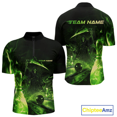 Custom Green Fire Flame Grim Reaper Bowling Quarter-Zip Shirts For Men, Halloween Bowlers Outfit IPHW9712