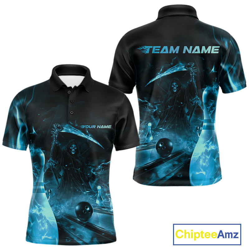 Custom Blue Fire Flame Grim Reaper Bowling Polo Shirts For Men, Halloween Bowlers Outfit IPHW9713
