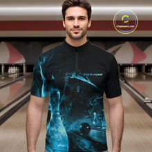 Load image into Gallery viewer, Custom Blue Fire Flame Grim Reaper Bowling Quarter-Zip Shirts For Men, Halloween Bowlers Outfit IPHW9713