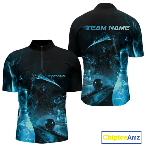 Custom Blue Fire Flame Grim Reaper Bowling Quarter-Zip Shirts For Men, Halloween Bowlers Outfit IPHW9713