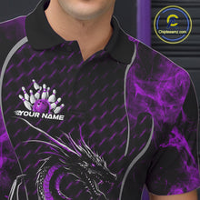 Load image into Gallery viewer, Custom Black And Purple Fire Flame Dragon Bowling Men Polo Shirt, Dragon Bowling Jersey IPHW9865