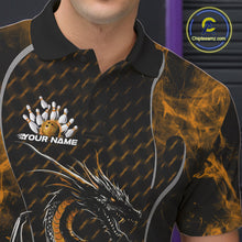 Load image into Gallery viewer, Custom Black And Gold Fire Flame Dragon Bowling Men Polo Shirt, Dragon Bowling Jersey IPHW9866