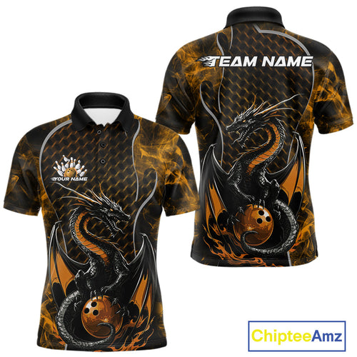 Custom Black And Gold Fire Flame Dragon Bowling Men Polo Shirt, Dragon Bowling Jersey IPHW9866