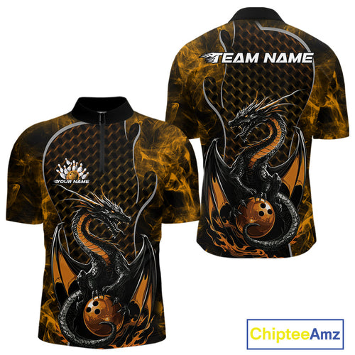 Custom Black And Gold Fire Flame Dragon Bowling Men Quarter-Zip Shirt, Dragon Bowling Jersey IPHW9866