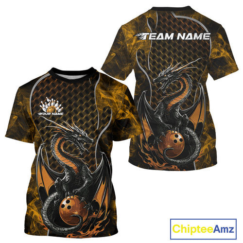 Custom Black And Gold Fire Flame Dragon Bowling Men T-Shirts Shirt, Dragon Bowling Jersey IPHW9866
