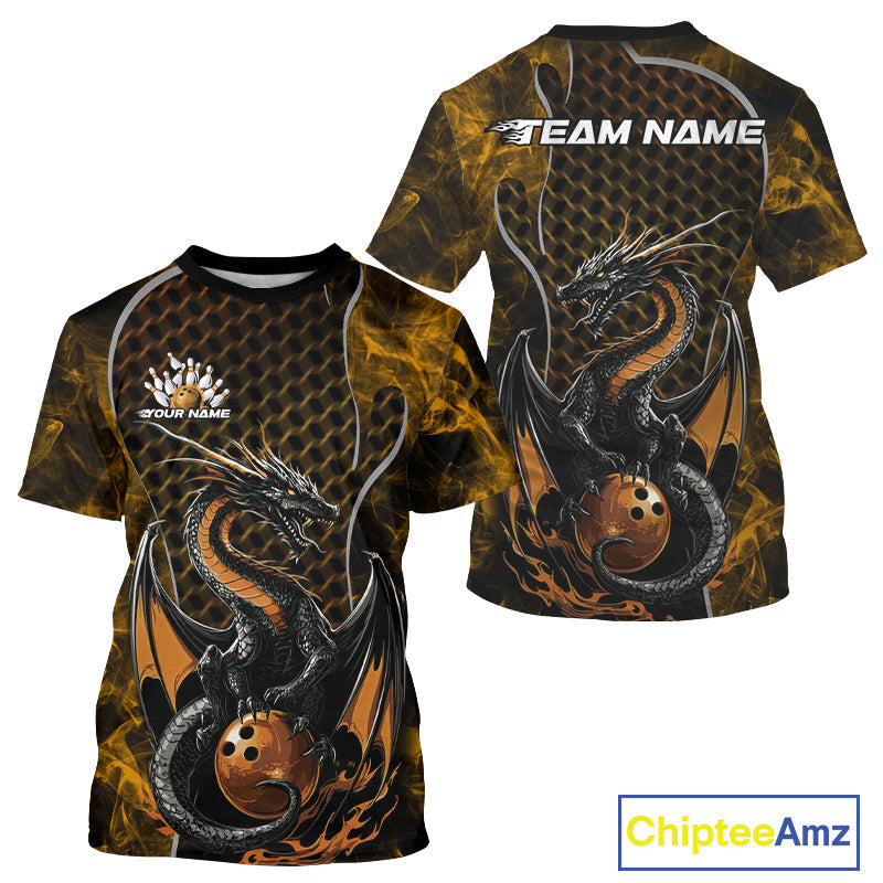 Custom Black And Gold Fire Flame Dragon Bowling Men T-Shirts Shirt, Dragon Bowling Jersey IPHW9866