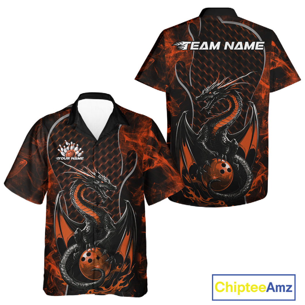 Custom Black And Orange Fire Flame Dragon Bowling Men And Women Hawaiian Shirt, Dragon Bowling Jersey IPHW9867