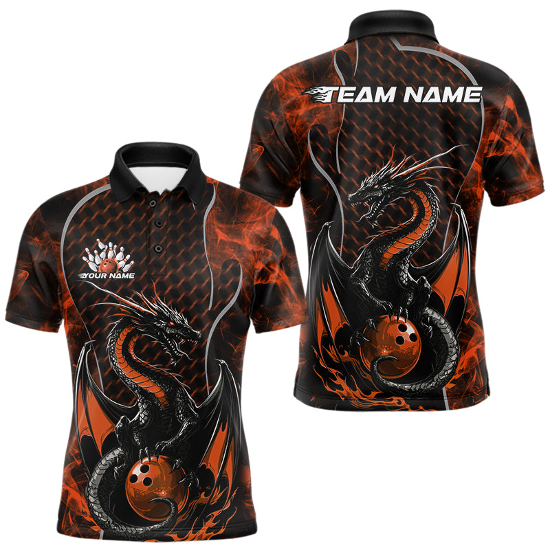 Custom Black And Orange Fire Flame Dragon Bowling Men Polo Shirt, Dragon Bowling Jersey IPHW9867