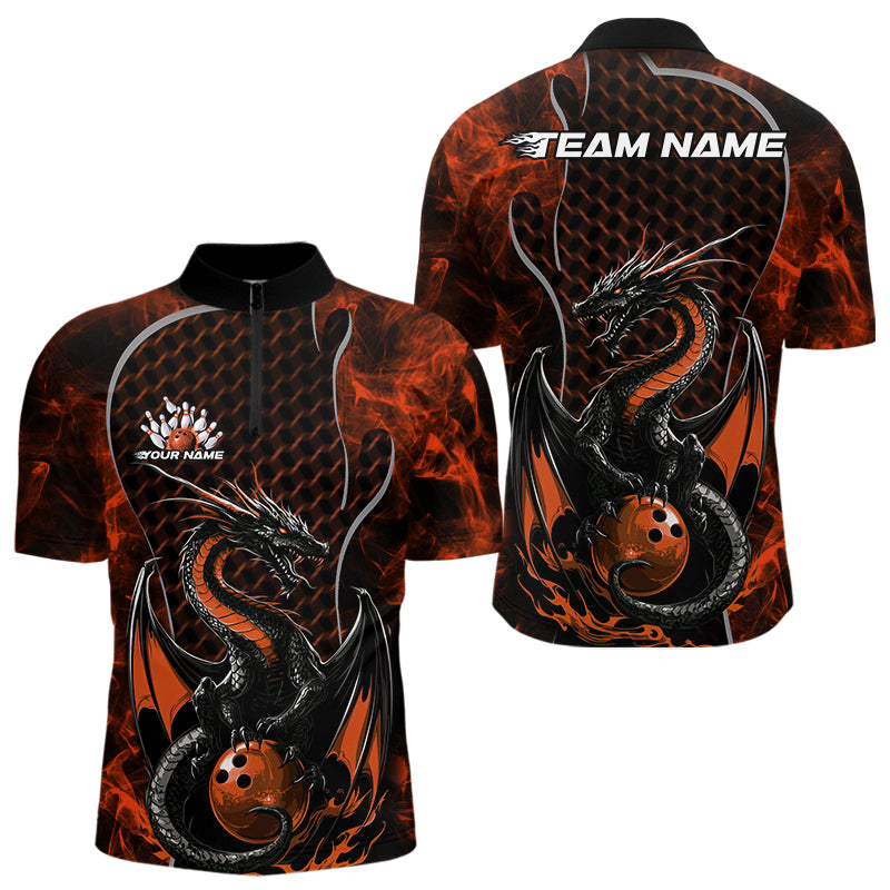 Custom Black And Orange Fire Flame Dragon Bowling Men Quarter-Zip Shirt, Dragon Bowling Jersey IPHW9867