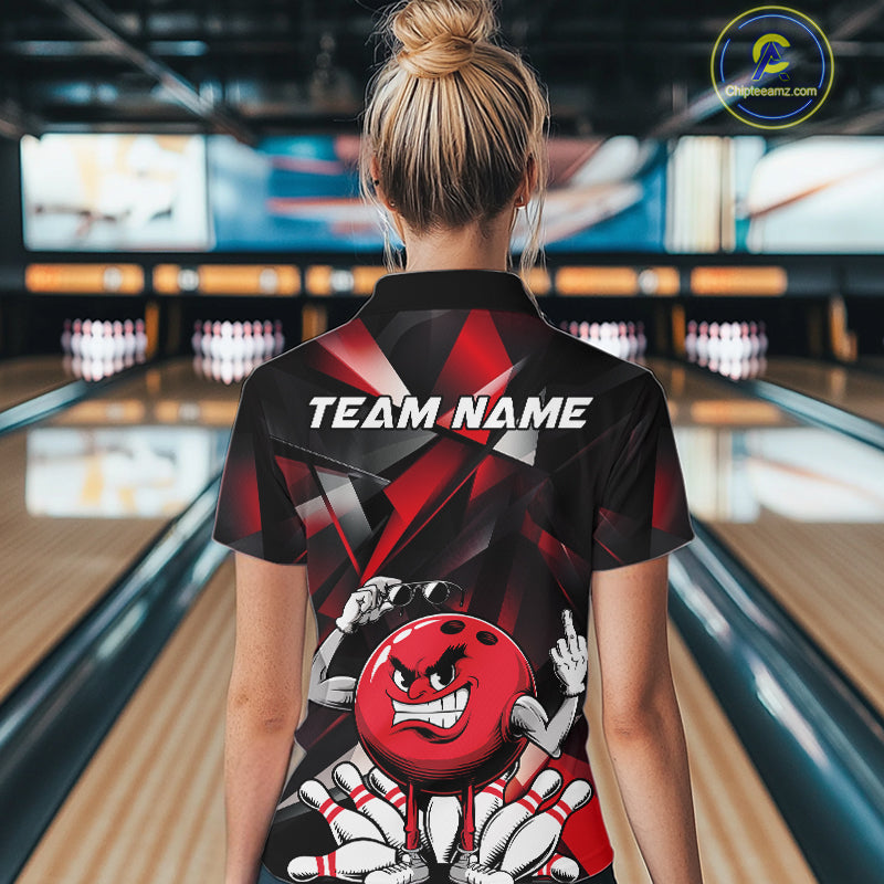 Black And Red Custom Funny Bowling Team Quarter-Zip Shirts For Women, Bowling Jerseys IPHW9356