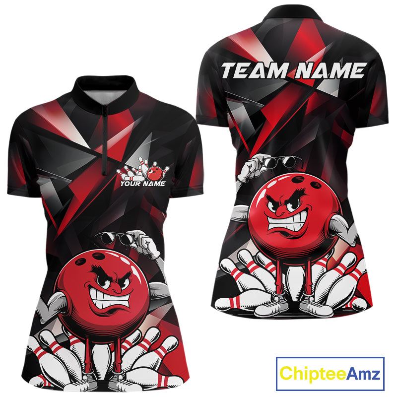 Black And Red Custom Funny Bowling Team Quarter-Zip Shirts For Women, Bowling Jerseys IPHW9356