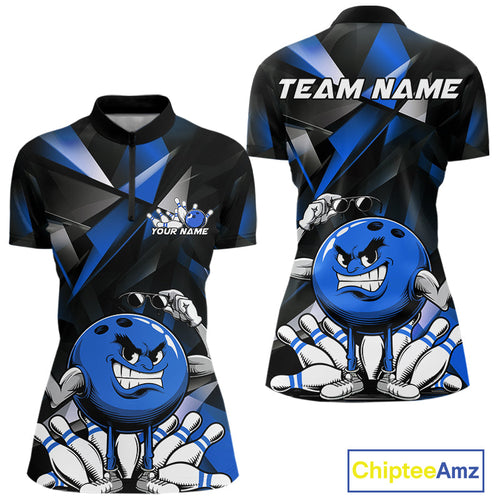 Black And Blue Custom Funny Bowling Team Quarter-Zip Shirts For Women, Bowling Jerseys IPHW9357