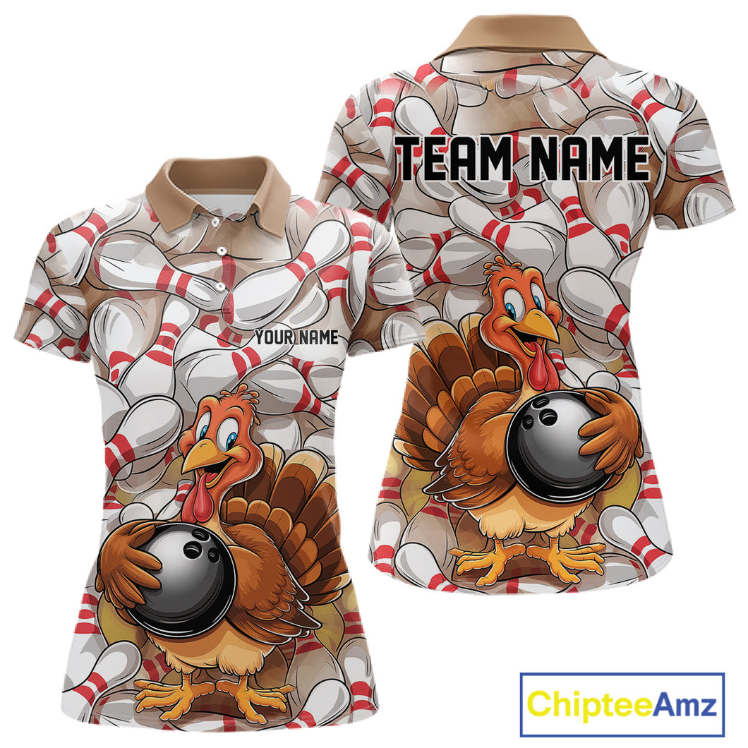 Custom Funny Thanksgiving Turkey Bowling Women Polo Shirts, Thanksgiving Bowlers Outfit IPHW9719