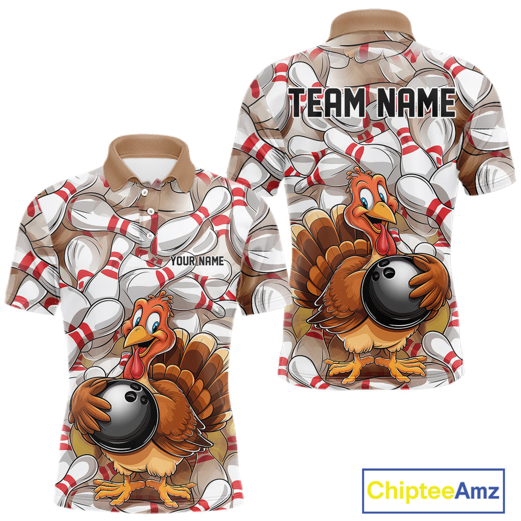 Custom Funny Thanksgiving Turkey Bowling Polo Shirts For Men, Thanksgiving Bowlers Outfit IPHW9719