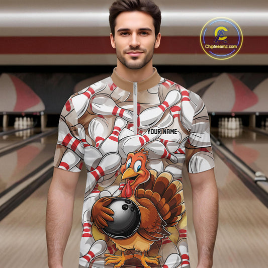 Custom Funny Thanksgiving Turkey Bowling Quarter-Zip Shirts For Men, Thanksgiving Bowlers Outfit IPHW9719