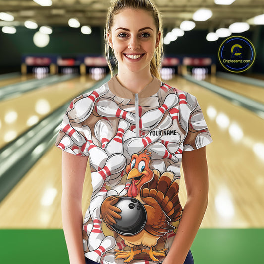 Custom Funny Thanksgiving Turkey Bowling Women Quarter-Zip Shirts, Thanksgiving Outfit IPHW9719