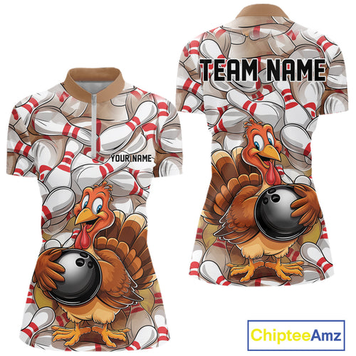 Custom Funny Thanksgiving Turkey Bowling Women Quarter-Zip Shirts, Thanksgiving Outfit IPHW9719