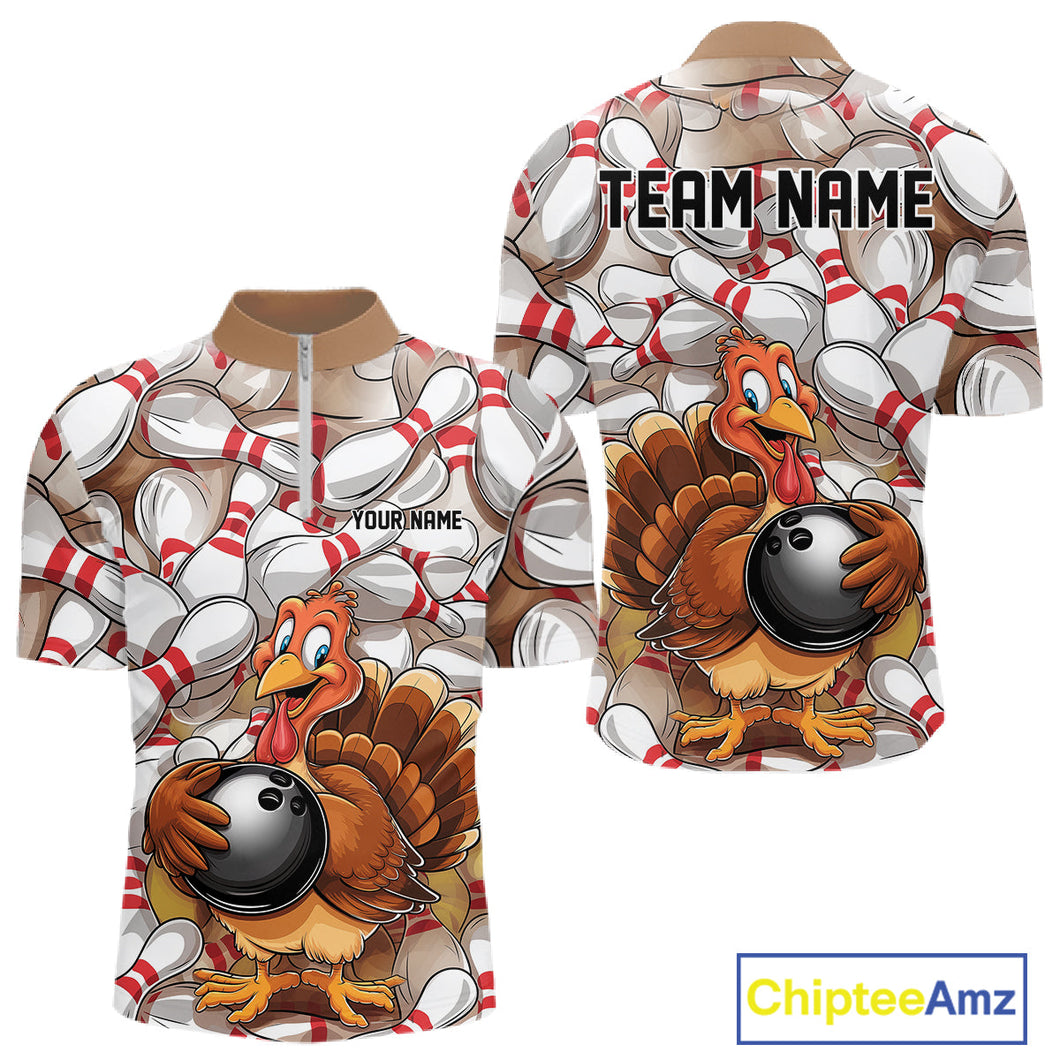 Custom Funny Thanksgiving Turkey Bowling Quarter-Zip Shirts For Men, Thanksgiving Bowlers Outfit IPHW9719