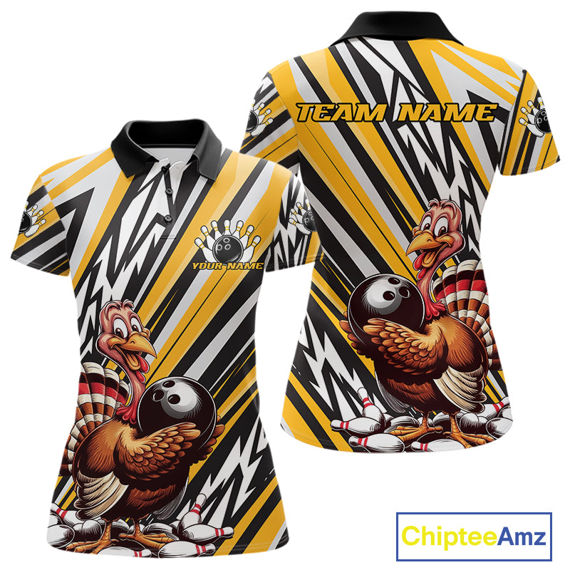 Custom Yellow Funny Thanksgiving Turkey Bowling Team Women Polo Shirts, Bowling Jerseys IPHW9720