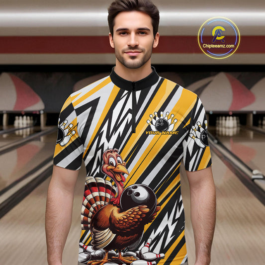 Custom Yellow Funny Thanksgiving Turkey Bowling Team Men Quarter-Zip Shirts, Bowling Jerseys IPHW9720