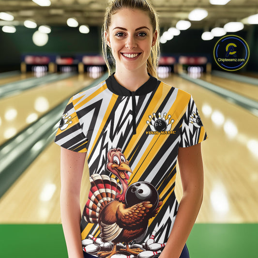 Custom Yellow Funny Thanksgiving Turkey Bowling Women Quarter-Zip Shirts, Bowling Jerseys IPHW9720